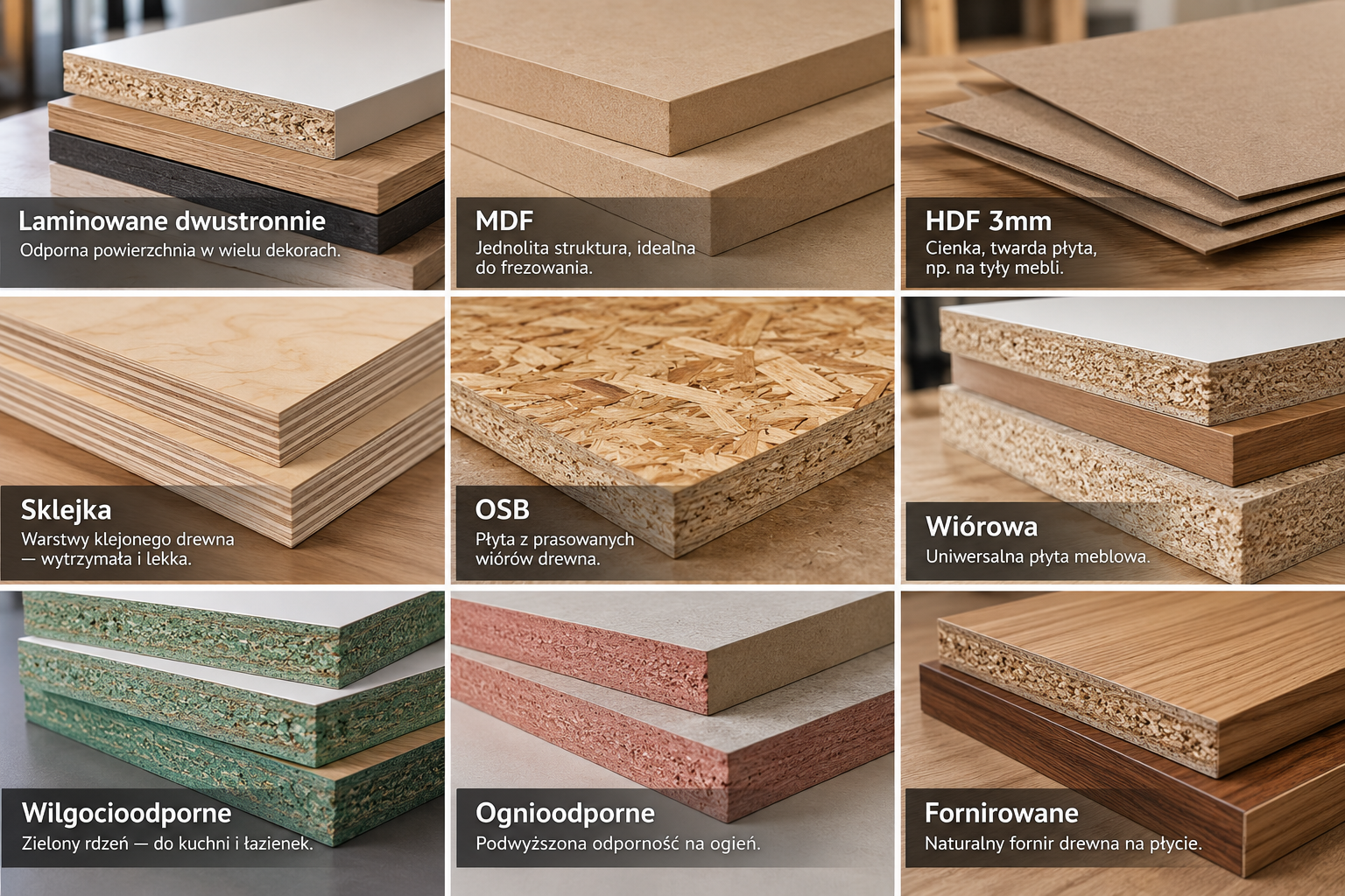 Rodzaje płyt meblowych: laminowane dwustronnie, MDF, HDF, sklejka, OSB, wiórowa, wilgocioodporne, ognioodporne, fornirowane